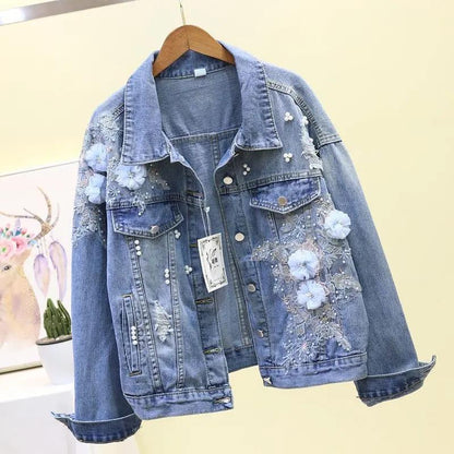 3D Embroidered Jean Jacket Three-dimensional Flower Pearl Hole Denim Jacket Women's Loose Short Jacket Top Vintage Denim Cardigan