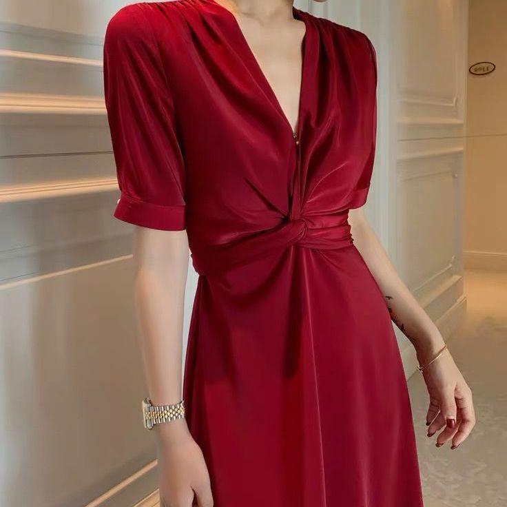 Vintage Satin Slip Midi Dress, Summer Spring Wedding Guest Dress, Prom Formal Dress, Graduation Dress, Elegant French Cute Milkmaid Dress