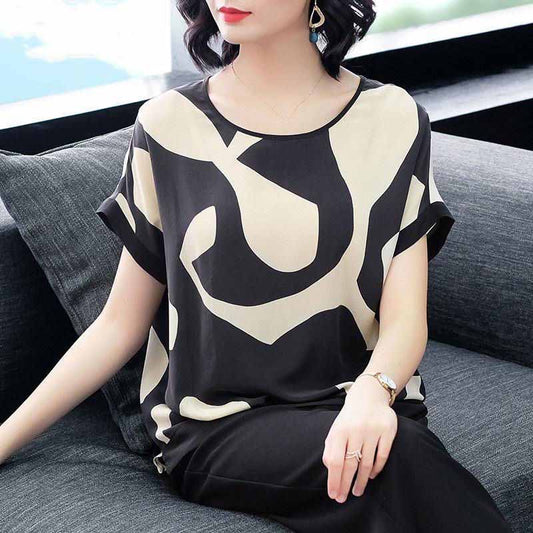 Imitation Silk Stitching T-shirt Women Spring and Summer New Short-sleeved Loose Round Neck Printed Top Blouse
