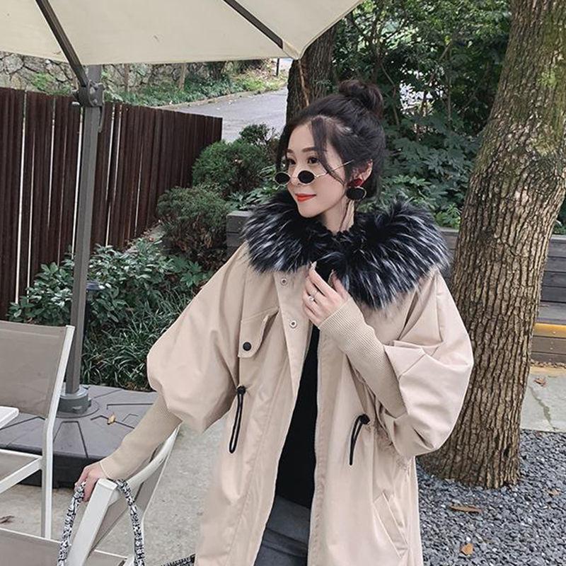 Fashionable Thickening Plus Velvet Big Fur Collar Hooded Tooling Padded Jacket Plus Size Female Lantern Sleeve Jacket Fur Collar Detachable