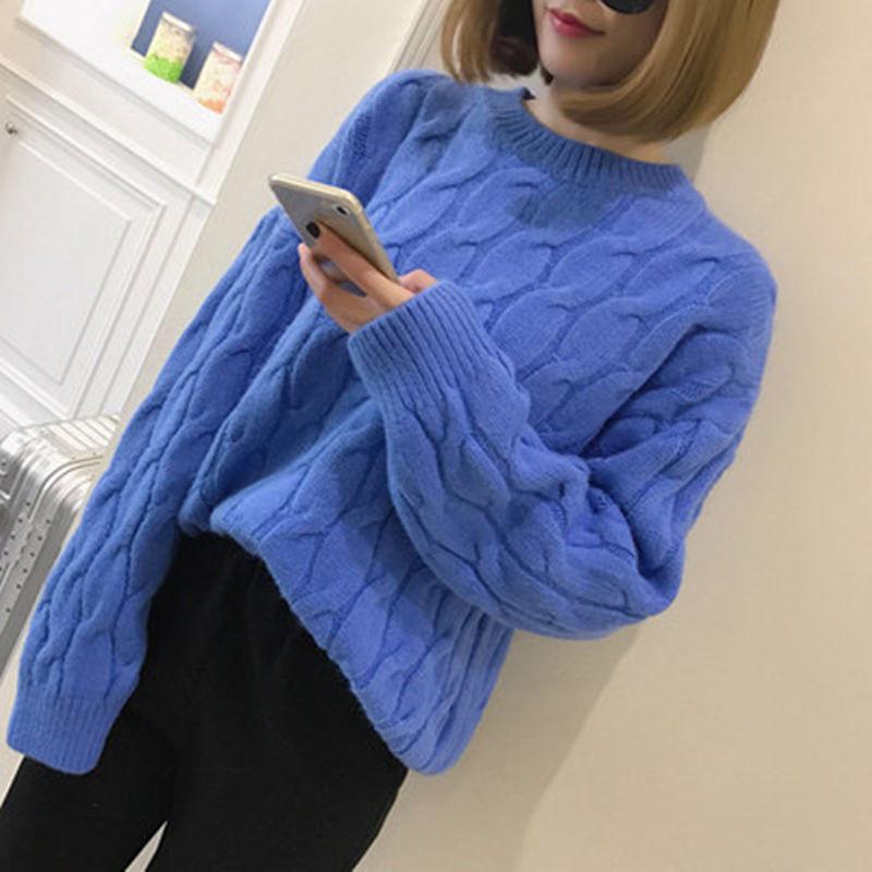 Winter Women Grey Round Neck Twist Warm Pullover Sweater Wild Loose Soft Sweatshirts Coat