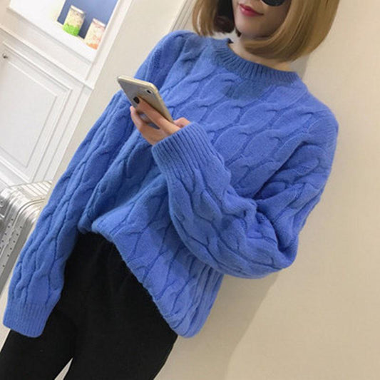 Winter Women Grey Round Neck Twist Warm Pullover Sweater Wild Loose Soft Sweatshirts Coat