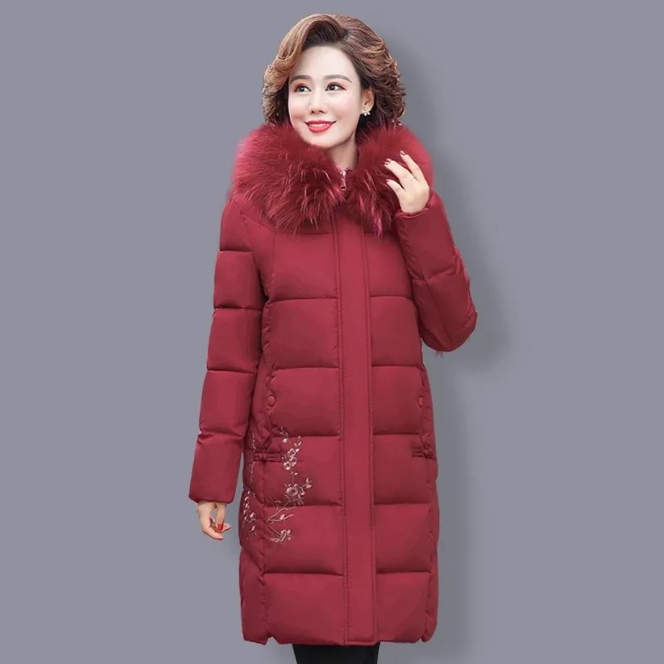 Elderly Winter Padded Jacket Women's Mid-length and Thicker Warm Embroidered Quilted Jacket
