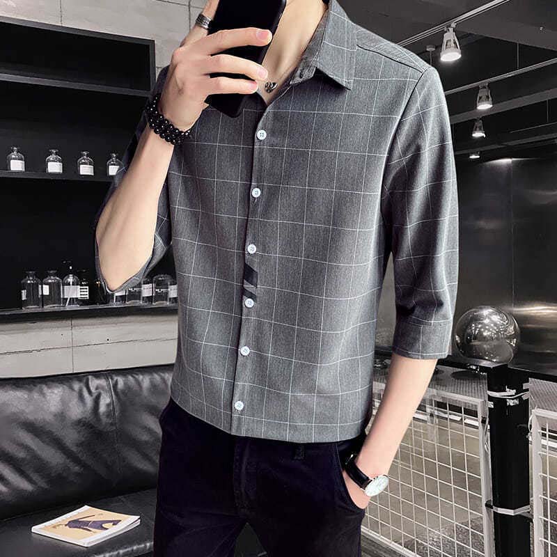 Summer New High-quality Plaid Shirt Men's Three-quarter Sleeve Trendy Shirt