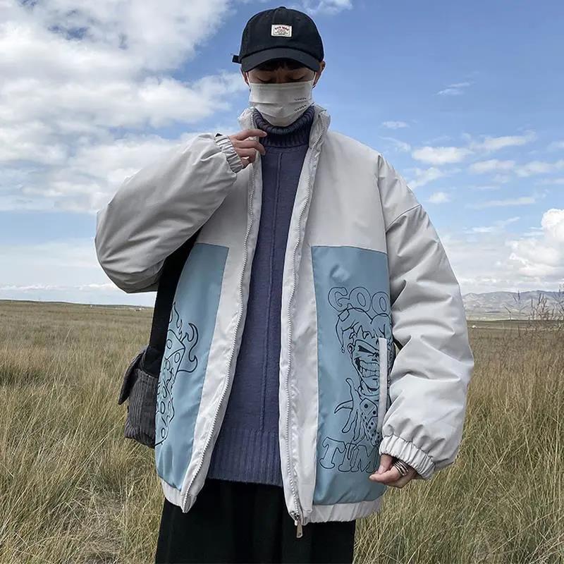 Winter Men's Jacket Trend Plus Fat Large Size Loose Color Matching Stand-up Collar Cotton-padded Jacket