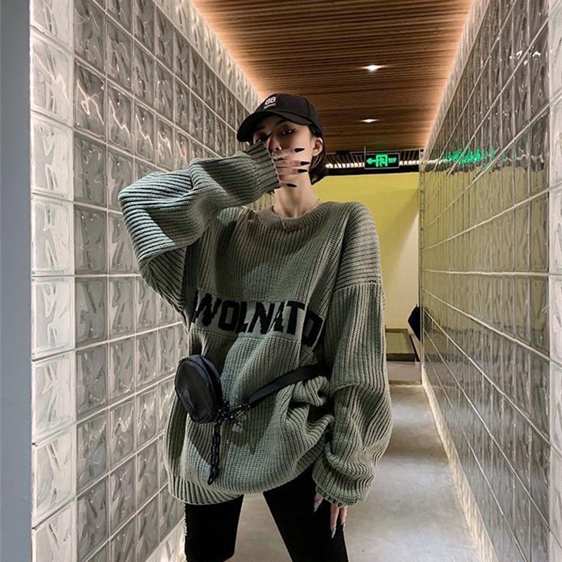Autumn Winter  Women Fashion Sweater Casual Knitting Sweater Letters Jacquard Round Neck Pullovers Loose  Long Sleeve Sweater
