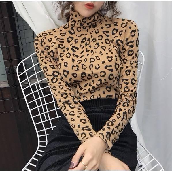 Women's High-neck Bottoming Shirt Long-sleeved Leopard Print Autumn and Winter Slim Fit All-match Thin T-shirt Women's Top