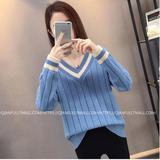 Autumn and Winter V-neck Sweater Fashion Loose Knit Bottoming Shirt Color Matching Female Top