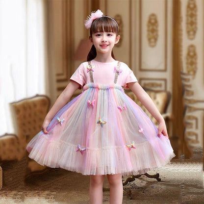 Girls Rainbow Dress Little Girl Princess Dress Short-sleeved Fairy Dress Summer Dress Birthday Dress