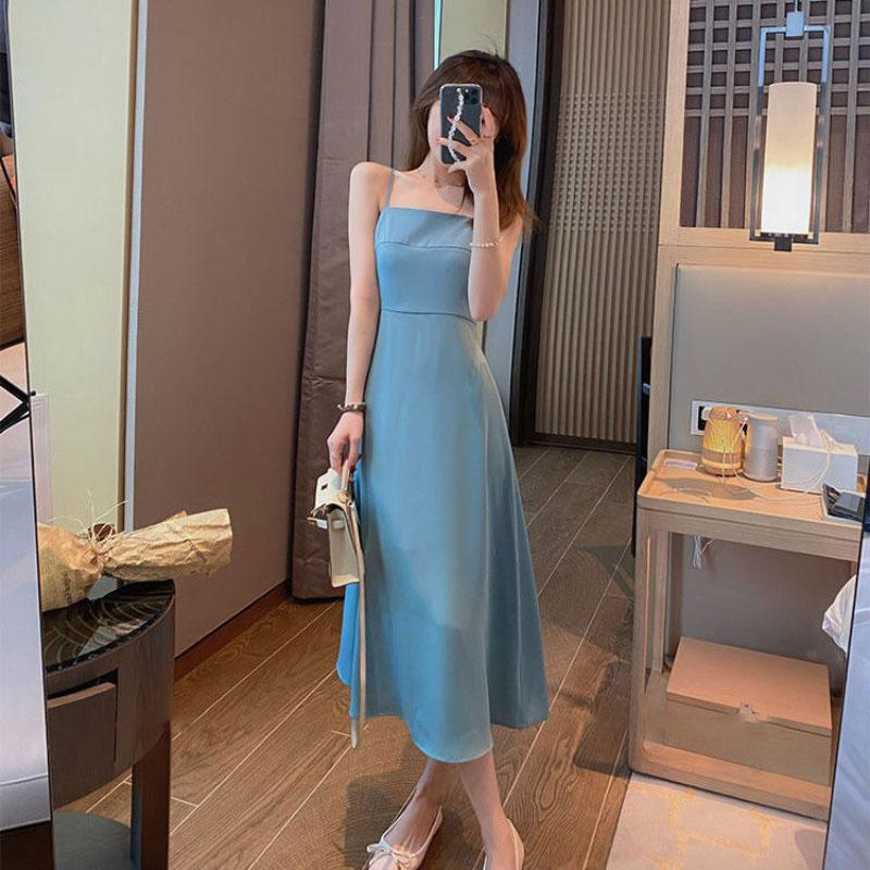 Custom Dress Female Spring Summer All-match French Sexy Halter Design Solid Color Suspender Skirt