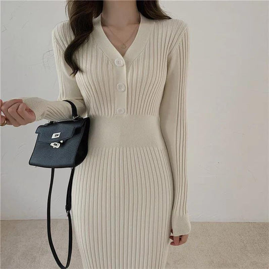 Long Slim Sweater Dress Over-the-knee Knitted Dress for Slim Dress Autumn and Winter Ladies Knit Long Skirt