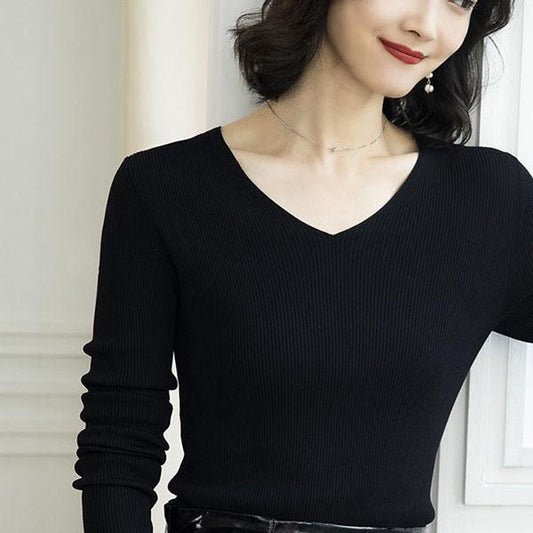 Autumn and Winter Slim Long-sleeved V-neck Bottoming Sweater Short Tight-fitting Inner Sweater Women