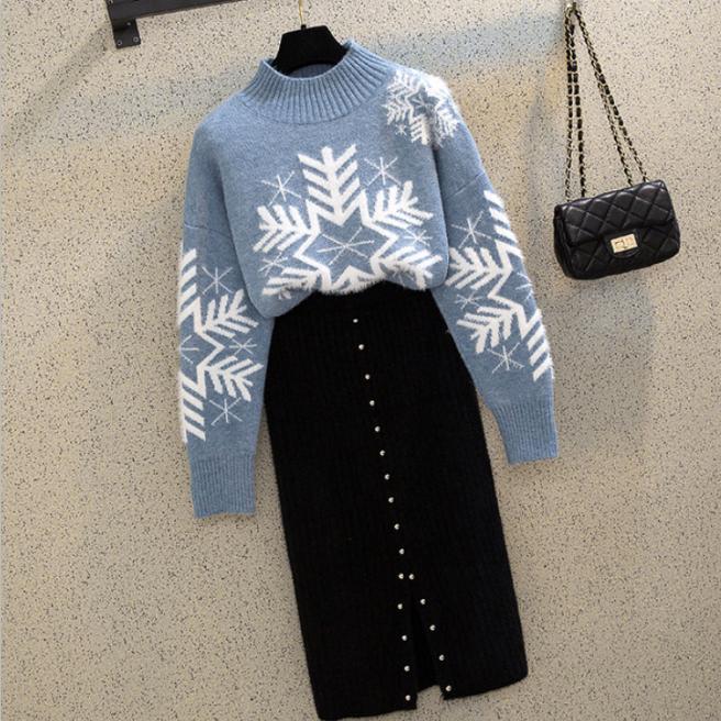 Autumn and Winter Sweater Set Women Snowflake Print Sweater and Mohair Bodycon Skirt Two-piece Set Ladies Christmas Sweater Set