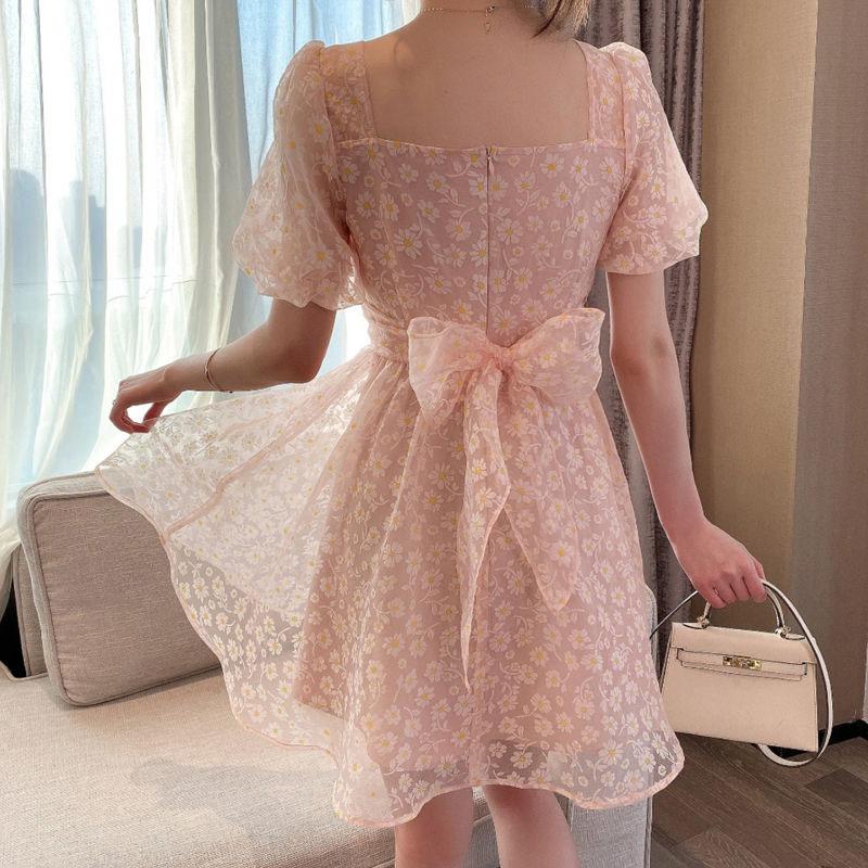 Summer Temperament Bow-knot Big Skirt Short Dress with Daisy Flowers