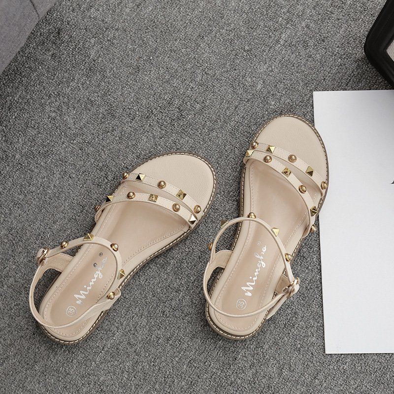 Women's Flat Sandals Summer Rivet Roman Sandals All Match Casual Temperament Sandal Non-slip Comfortable Lightweight Beach Shoes