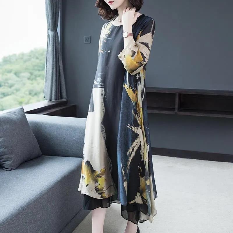 Summer Women's Dress Middle-aged Mother 3/4Sleeve Round Neck Printing Mid-length Daily Wear