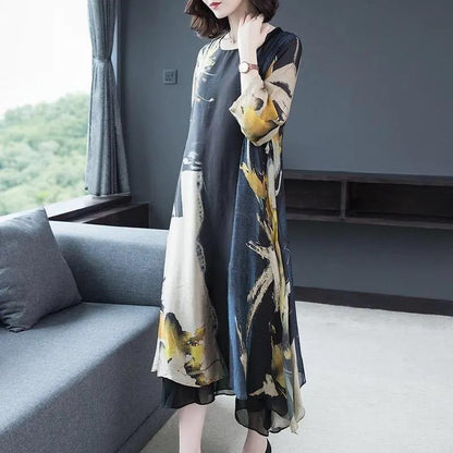 Summer Women's Dress Middle-aged Mother 3/4Sleeve Round Neck Printing Mid-length Daily Wear