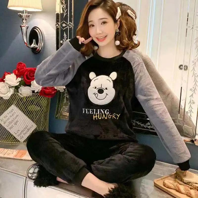Women's Winter Coral Fleece Pajamas Set Thickened Velvet Sweet Cute Cartoon Printing Flannel Pyjamas Long-sleeved Homewear Suit Round Neck Sleepwear