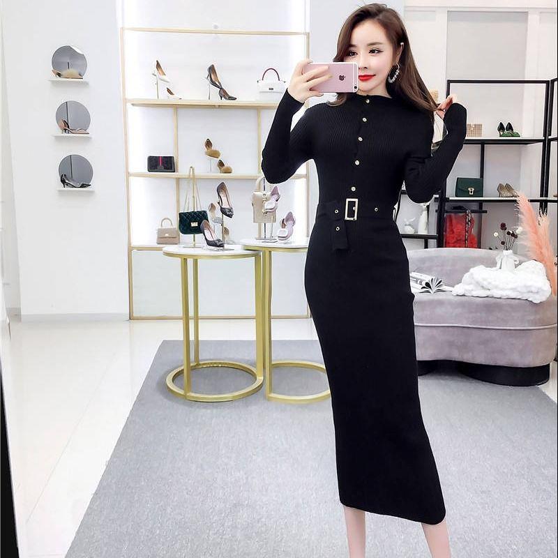 States Winter Half-high Collar Button Knitted Sweater Mid-length Slim Slim Fashion Dress Tide