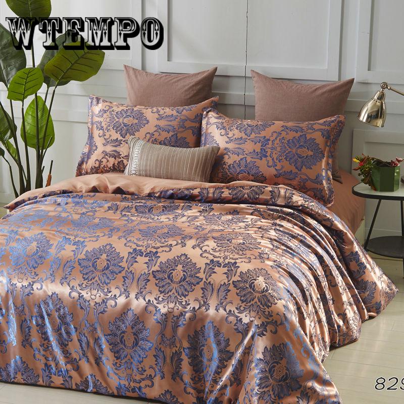 4pcs Luxury Jacquard Bedding Set Queen Size 4pcs Bed Linen Cotton Duvet Cover Lace Satin Bed Sheet