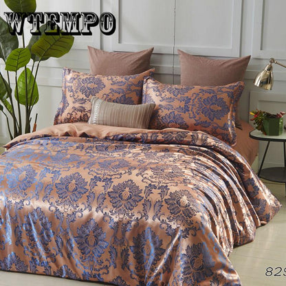 4pcs Luxury Jacquard Bedding Set Queen Size 4pcs Bed Linen Cotton Duvet Cover Lace Satin Bed Sheet