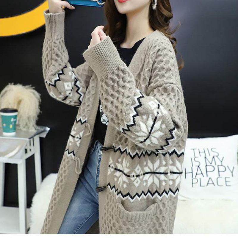 Autumn and Winter Leisure Wool Knit Sweater Loose Long Over The Knee Top Elegant Jacquard Pattern Sweater Coat