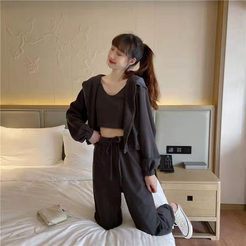 3PCS Women's Spring and Autumn Casual Suit Korean Loose Sports Suit Ladies Vest + Hooded Cardigan + Jogging Pants Fitness Three-piece Suit