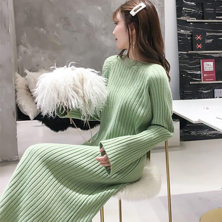 Pullover women's long paragraph over the knees loose 2019 autumn and winter new bottoming knit dress