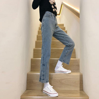 WTEMPO Women's Jeans Loose and Slim Wide Leg Straight  Denim Big Pocket Trousers Button Split