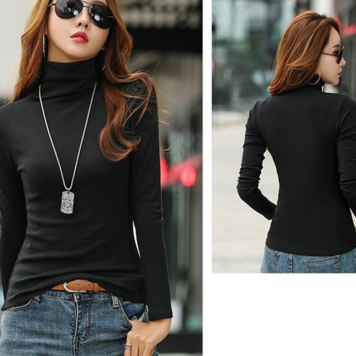 Fashion Women's Pullover Winter High Neck Women's Bottoming Shirt Long-sleeved Solid Color Slim Women's Cotton Top