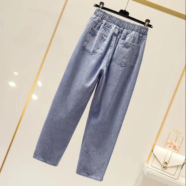 M-4XL Women's Spring Summer Print Jeans Female Autumn Loose Large Size Elastic Waist Blue Harem Pants