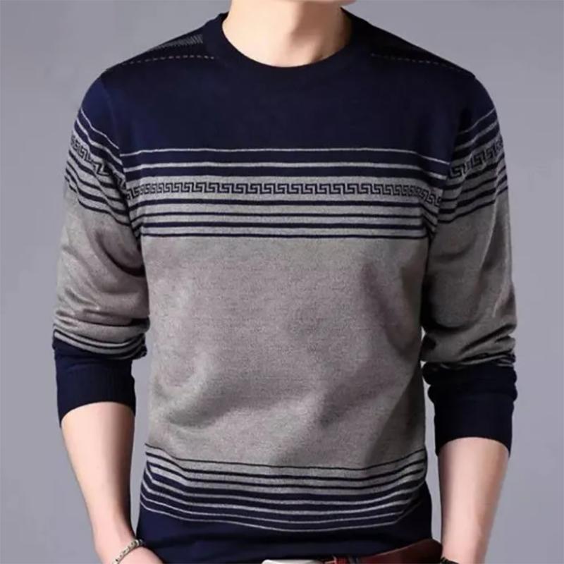 Men's Sweater Long-sleeved Knit Sweatershirts Plus Velvet Thick Sweater Youth Autumn Round Neck Stripes