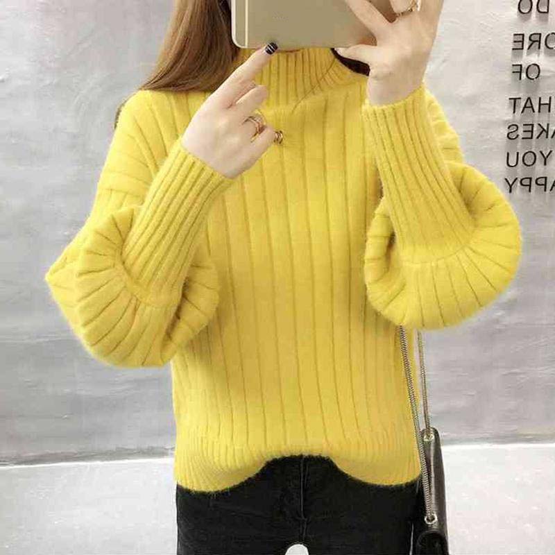 Winter Women Puff Sleeve Half Turtleneck Pullover Sweater Slim Sexy Soft Knitt Sweatshirts