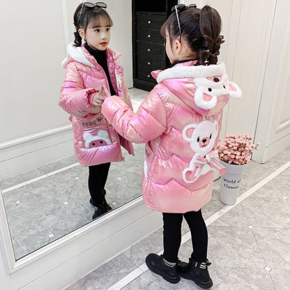 Girls' Winter Coat Thicken Plus Velvet Cotton Jacket Little Girl Warm and Windproof Quilted Jacket