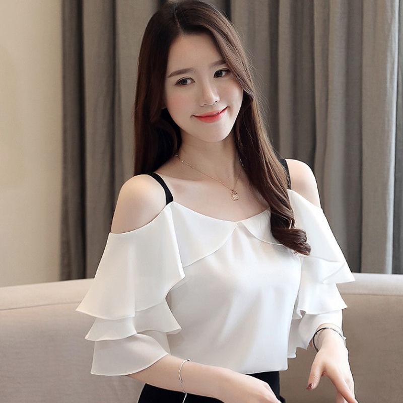 Sweet Temperament Short-sleeved Ruffled Women's Collar Off-shoulder Top Ladies Temperament Chiffon Shirt Bottoming Shirt