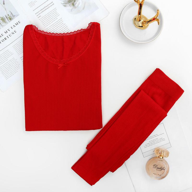 Women Winter Autumn Thermal Underwear Lace O-neck Female Tight Suit Thicken Windproof Comfortable Soft Lining Long Sleeve High Elasticity Tracksuit