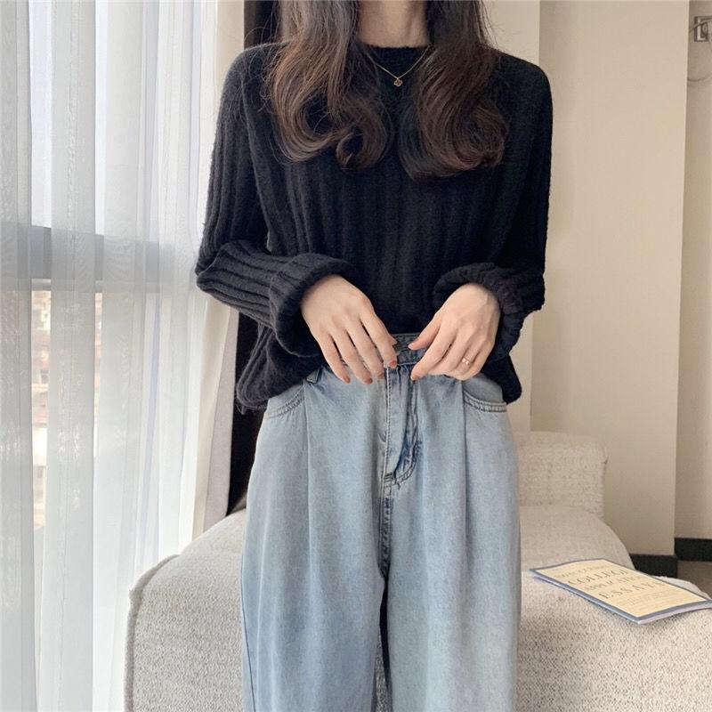 Autumn  Winter  Knitted Pullover Round Neck Versatile Thick Warm Woolen Sweater Bottoming Shirt  Vertical Stripes Loose