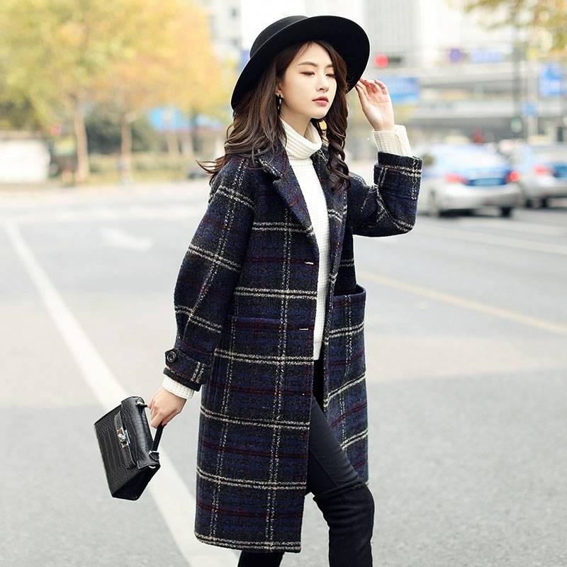 Winter Women Coat 2019 Casual Plaid Wool Coat Female Jacket Fashion Warm Solid overcoat Long Outwear