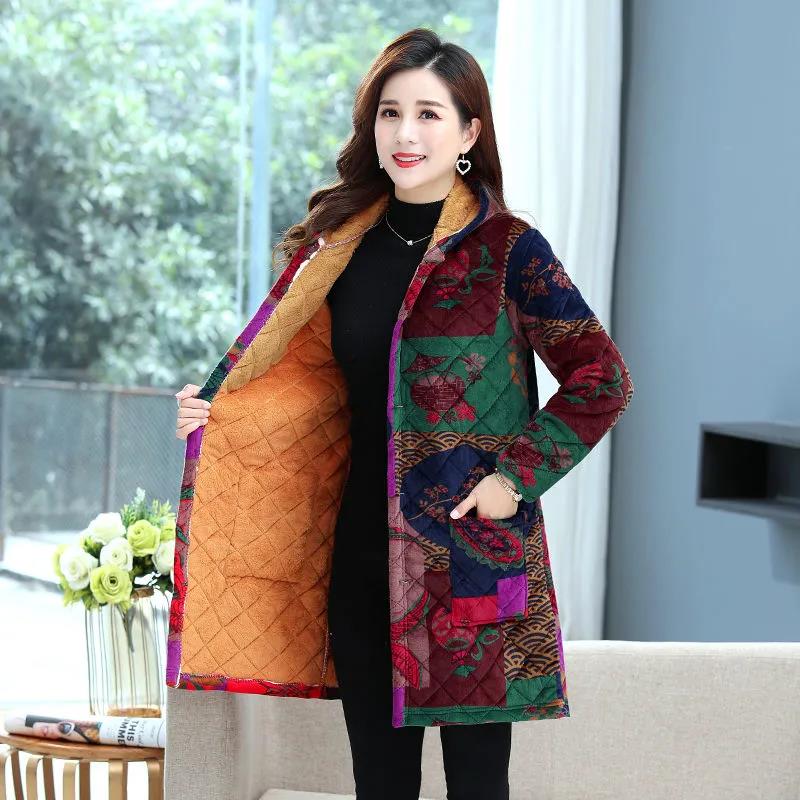 Winter Padded Jacket Chinese Style Printed Hooded Down Jacket Plus Velvet Padded Mid-length Padded Coat