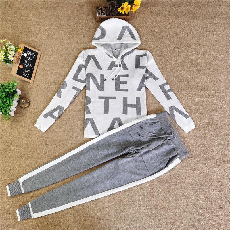 2pcs/set Women's Sports Set  Letter Printing Hooded Knitted  Sweater + Knitted  Elastic Waist Harem Pants Sets  Ladies Outfits Sweat Suit