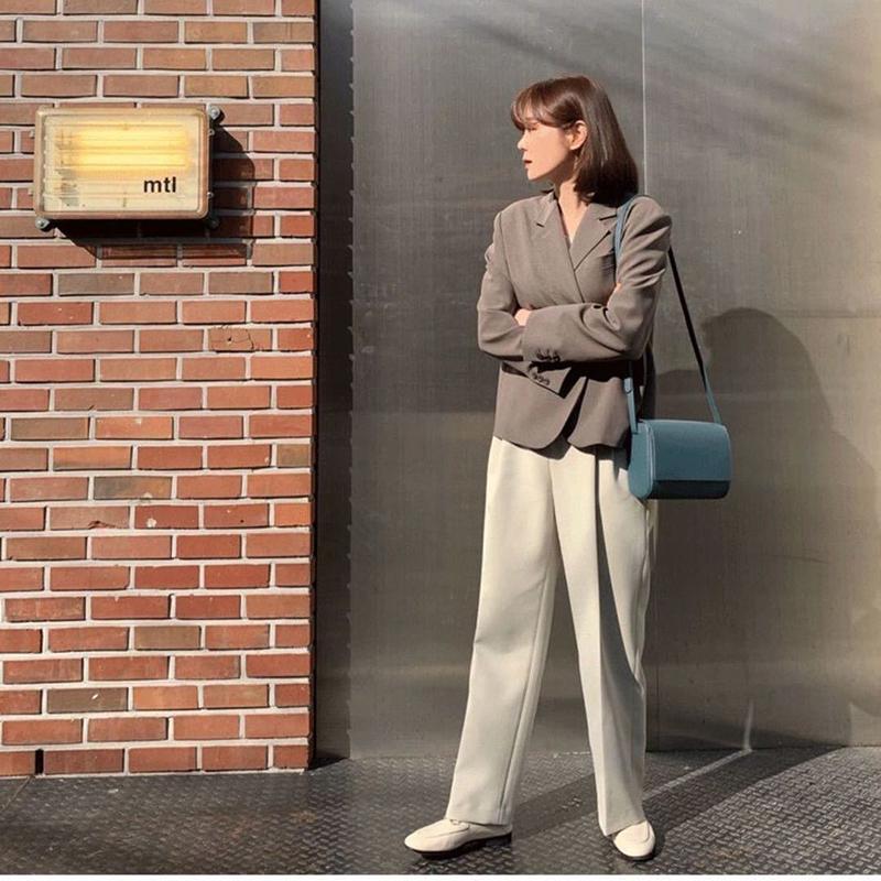 Women's Suit Jacket Korean Style Loose Spring  Autumn British Style Gray Short Suit Small Top