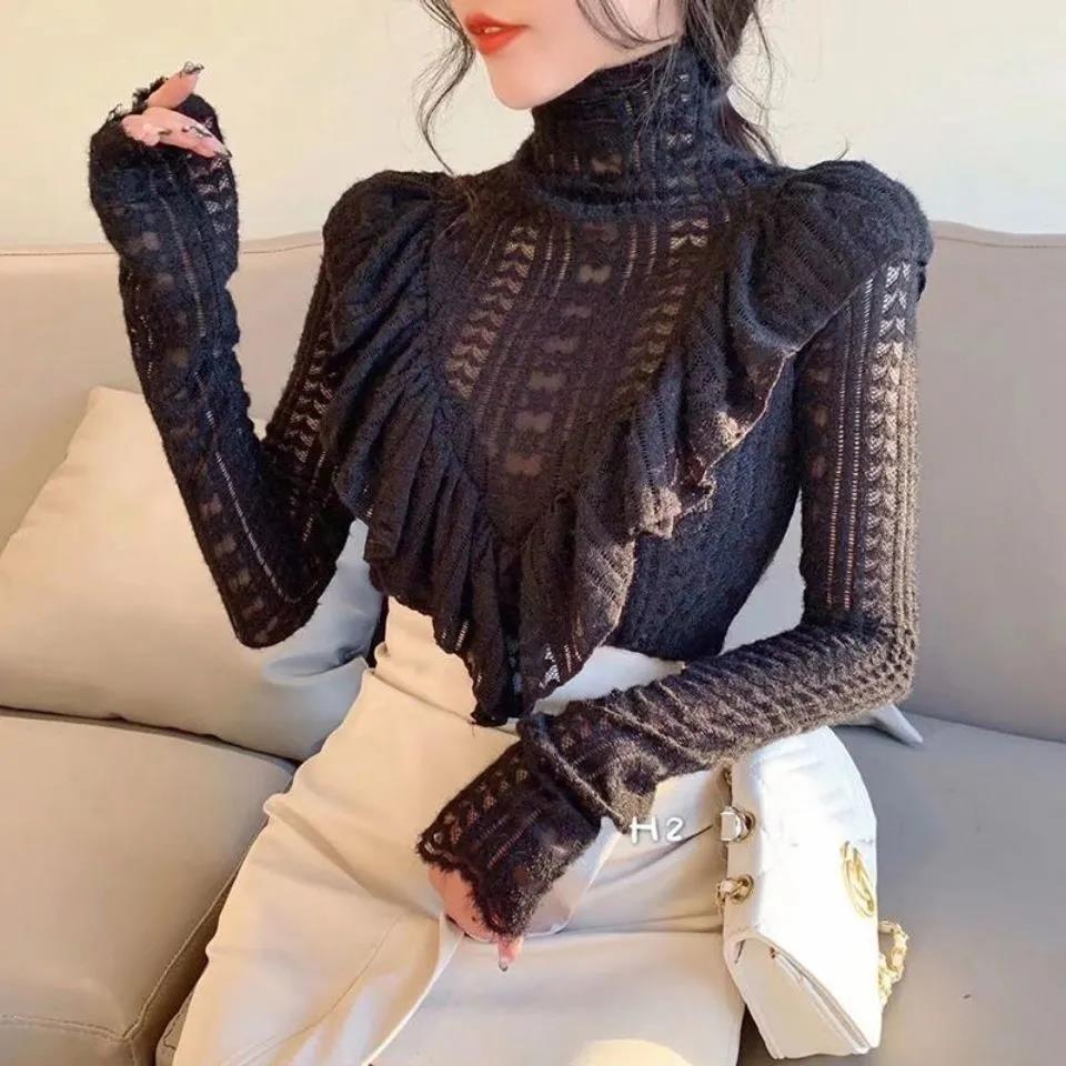 Brushed Lace Bottoming Shirt Women's Turtleneck Mesh Lace Top Slim Fit Slim Short Pullover