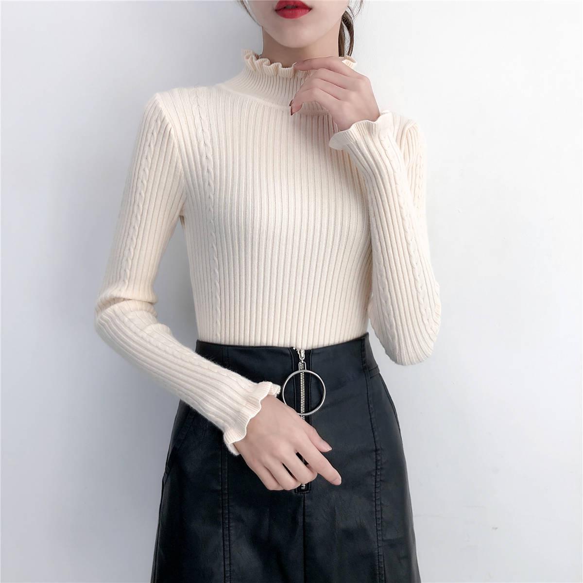 Sweater Women Knitted Ribbed Pullover Sweaters Long Sleeve Turtleneck Slim Jumper Soft Warm Pull