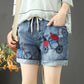 Summer High Waist Was Thin and Thin Casual Casual Hole Straight Denim Shorts Elastic Waist Embroidered Denim Shorts Women Loose Shorts