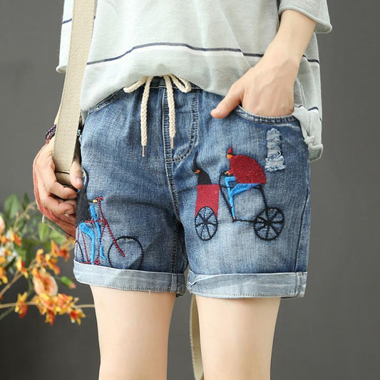 Summer High Waist Was Thin and Thin Casual Casual Hole Straight Denim Shorts Elastic Waist Embroidered Denim Shorts Women Loose Shorts