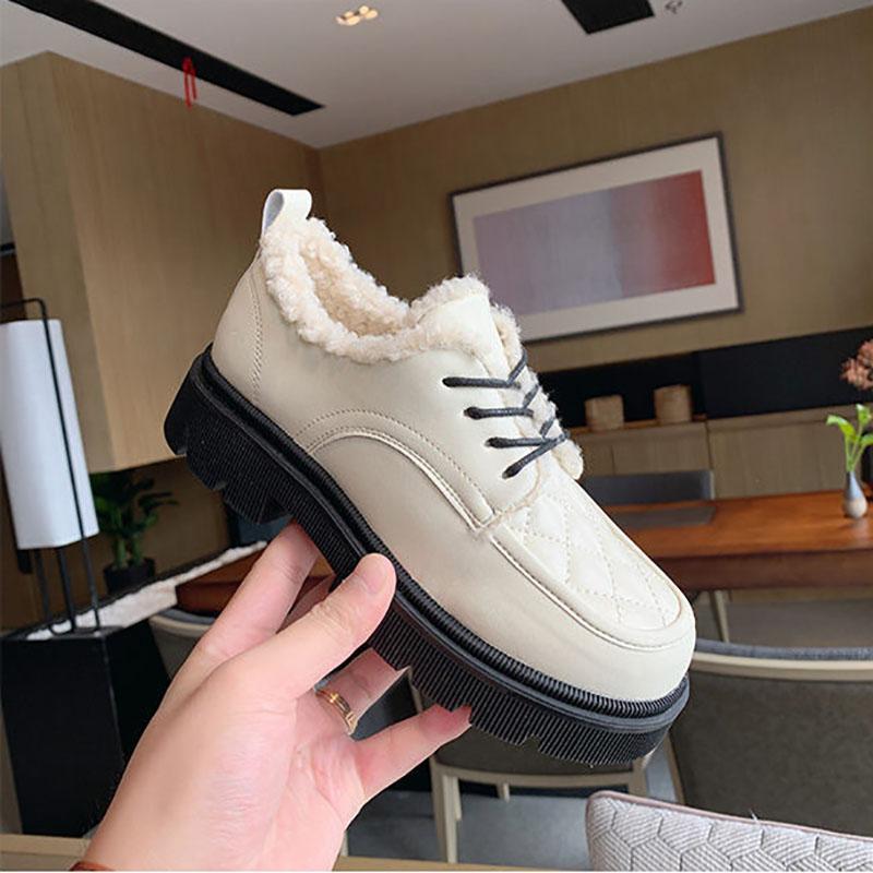 British Small Leather Shoes Women Winter Plus Velvet Warm Cotton Shoes Thick-soled Leather Shoes Waterproof and Non-slip