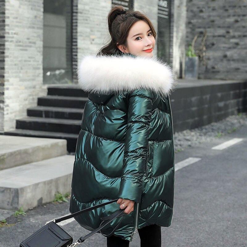 Women Thickened Bright Bread Down Parka Coat Loose Pink Silver Hooded