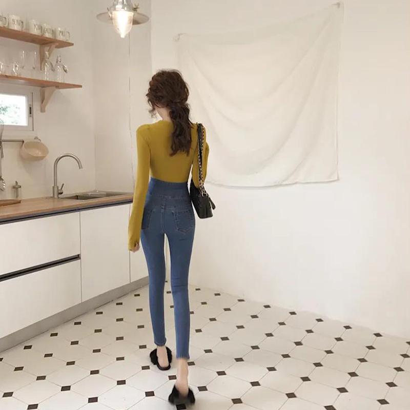 Women's Spring and Autumn High-waisted Thin Feet Pencil Pants Girls All-match Elastic Skinny Jeans