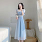 Women Summer Vintage High Waist Super Fairy Holiday Dress Short Sleeve Elegant Slim Lace Pleated Party Dress