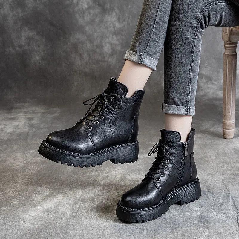 Soft Leather Martin Boots Women Autumn and Winter Short Boots Thick-soled Thick-heeled Single Boots Plus Velvet Warm Cotton Shoes Women